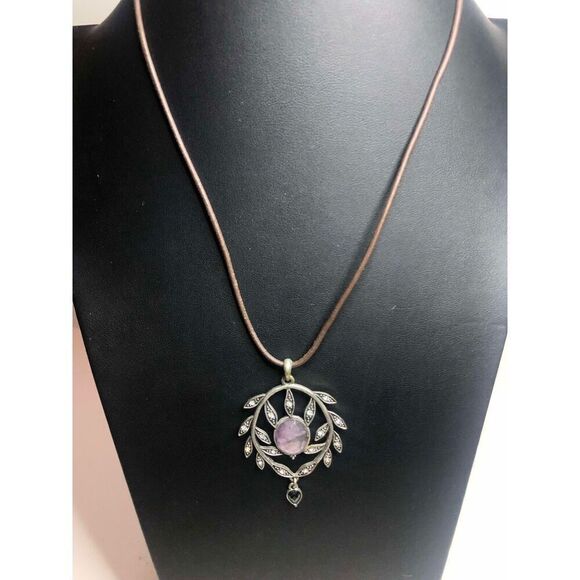 1328  Lucky brand silver tone leaf CZ drop pendant cord necklace 18" - Picture 2 of 3